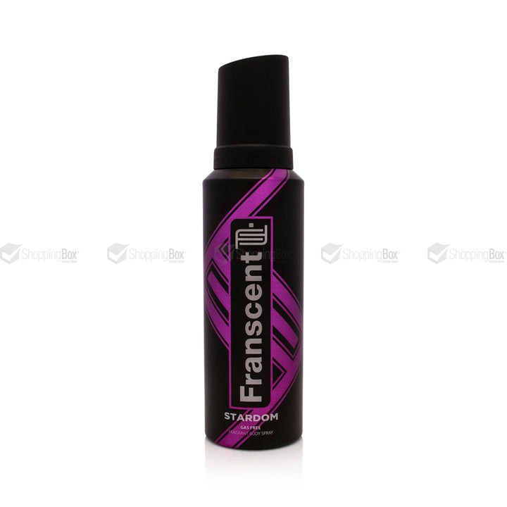 Black and purple bottle of Franscent Stardom on a white background