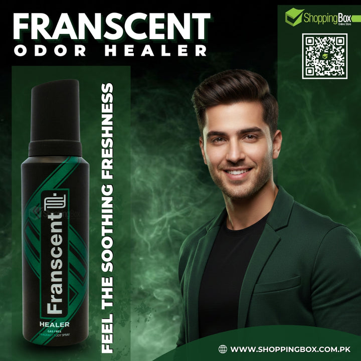 Franscent Healer bottle with a man for Advertisement for Shopping Box  and brand logo on a green background