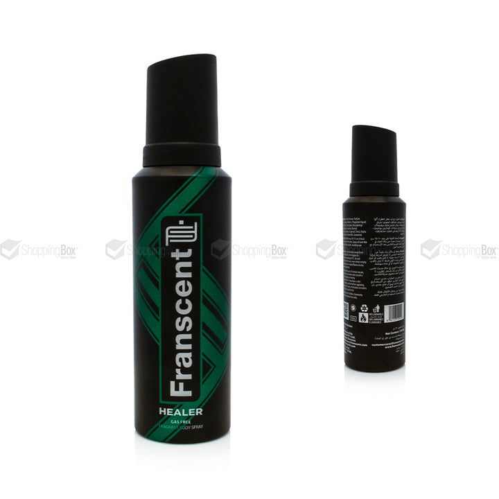 Franscent Healer gas free body spray front black and green bottle