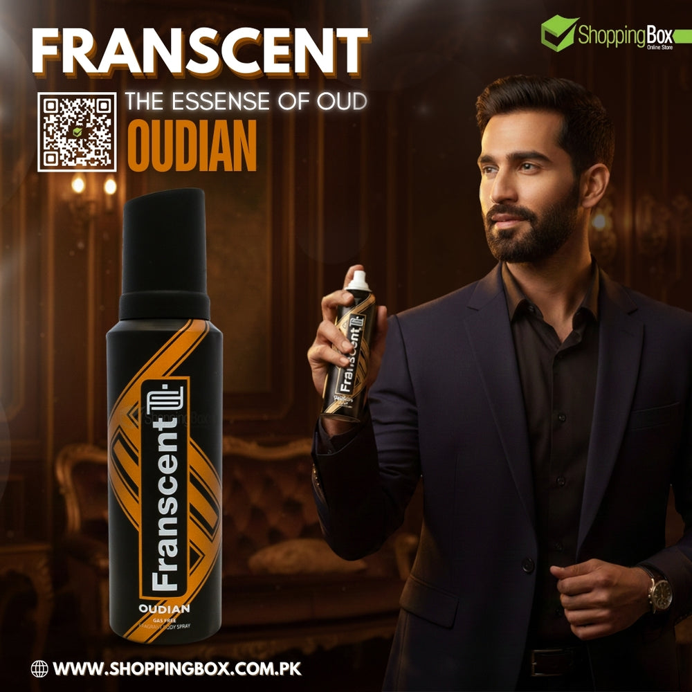 Man holding a bottle of Franscent Oudian with a dark background for Advertising for Shopping Box.
