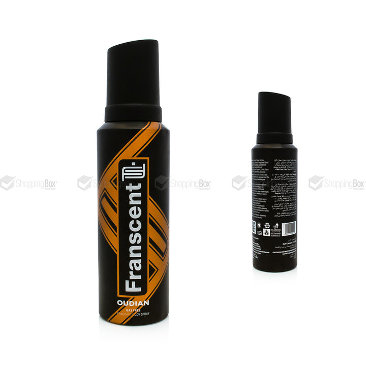 Franscent Oudian Gas Free Fragrant Body Spray 120ml black bottle front and back view
