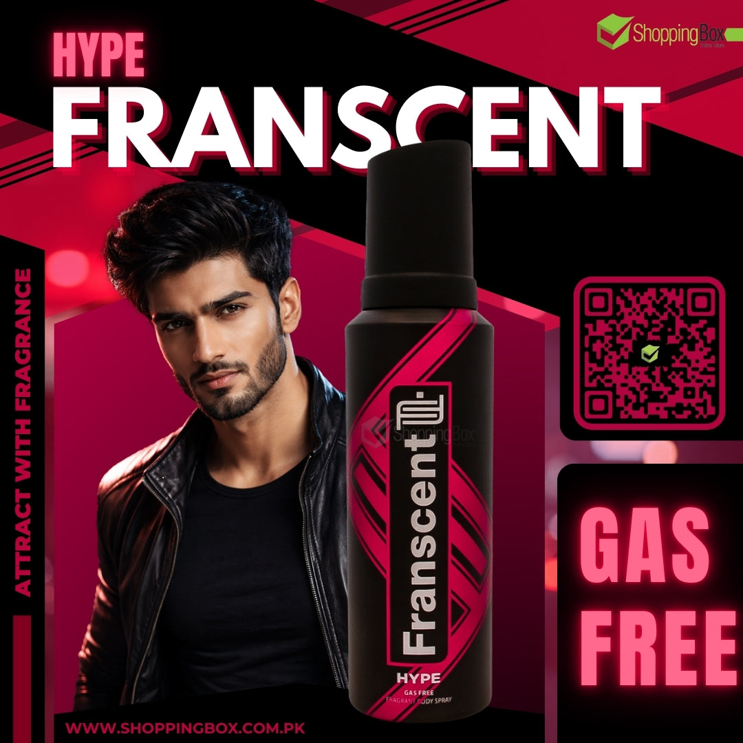 Franscent deodorant bottle with a man and promotional text on a red and black background