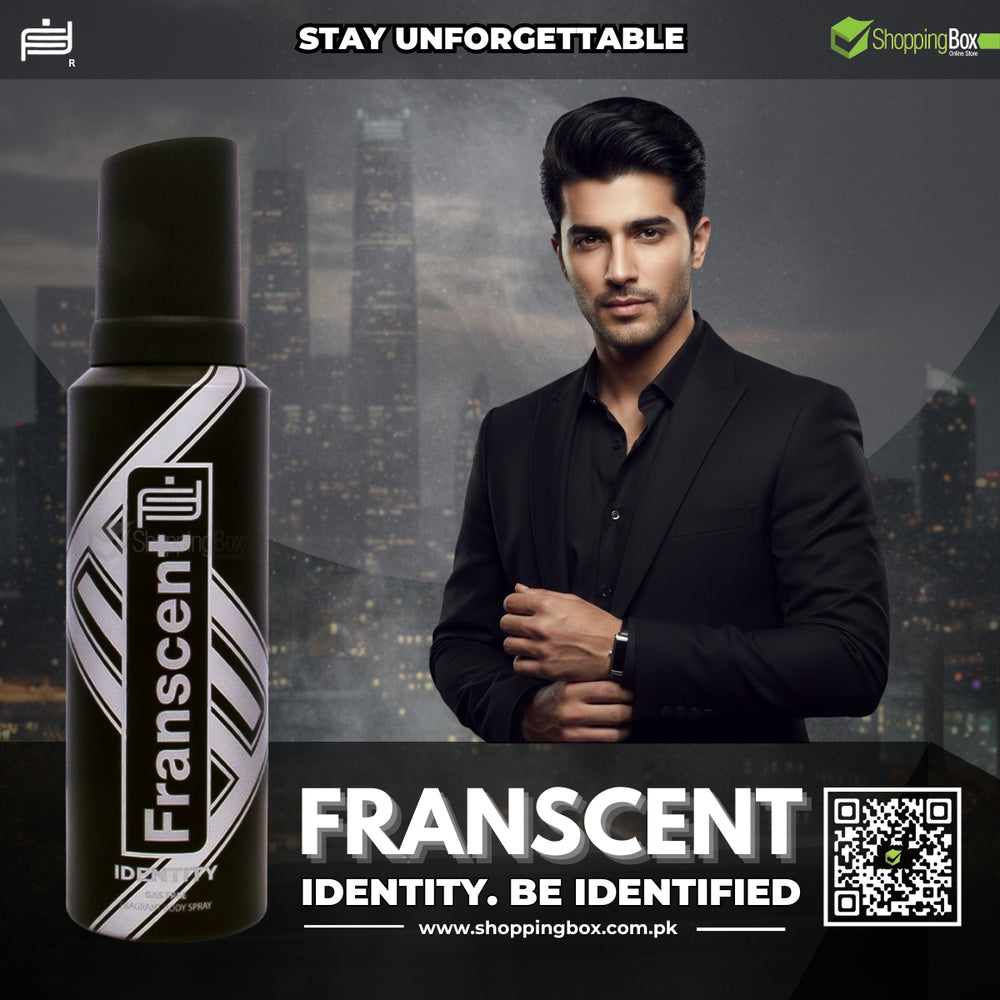 Franscent Identity men fragrance spray bottle with handsome Model Advertising for Shopping Box