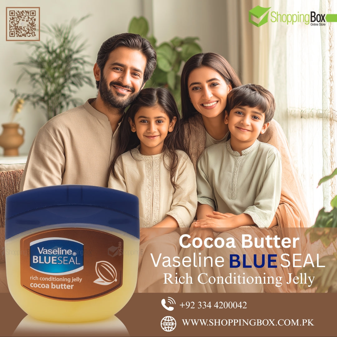 Family sitting together with a Vaseline Blue Seal Cocoa Butter jar in the foreground.