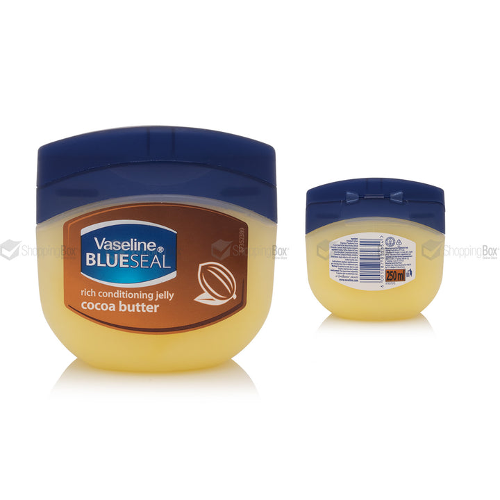 Vaseline Blue Seal rich conditioning jelly front and back view, with cocoa butter on a white background