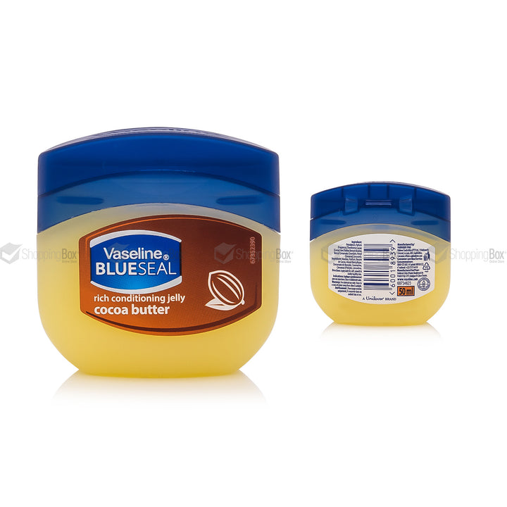 Two jars of Vaseline Blueseal rich conditioning jelly with cocoa butter on a white background