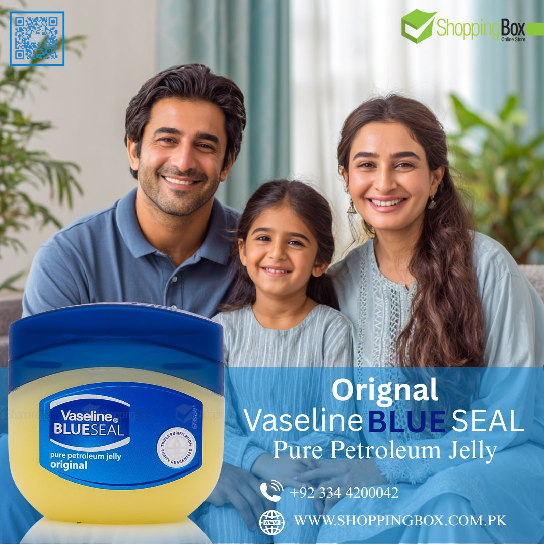 Family sitting together with a Vaseline Blue Seal container in front of them, with 'ShoppingBox' branding.