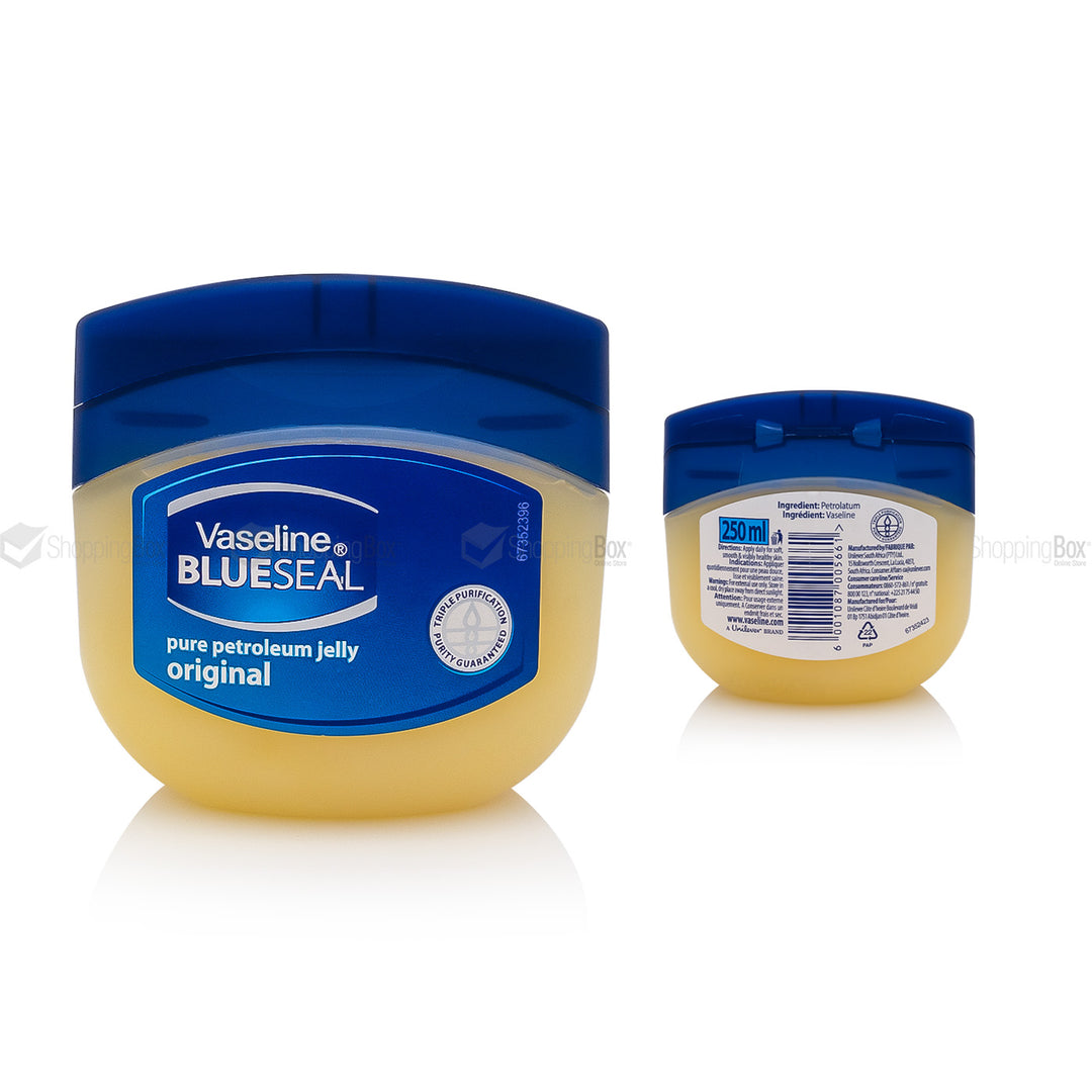 Front and Back side view of Vaseline Blue Seal Original Petroleum Jelly 250ml jar available at shopping box trusted online store.