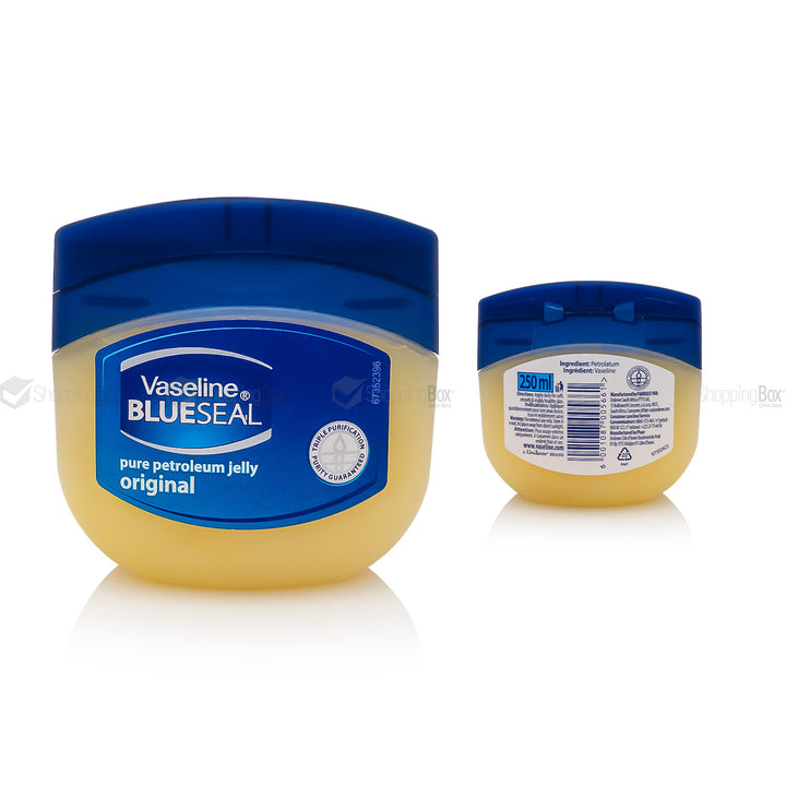 Front and Back side view of Vaseline Blue Seal Original Petroleum Jelly 250ml jar available at shopping box trusted online store.