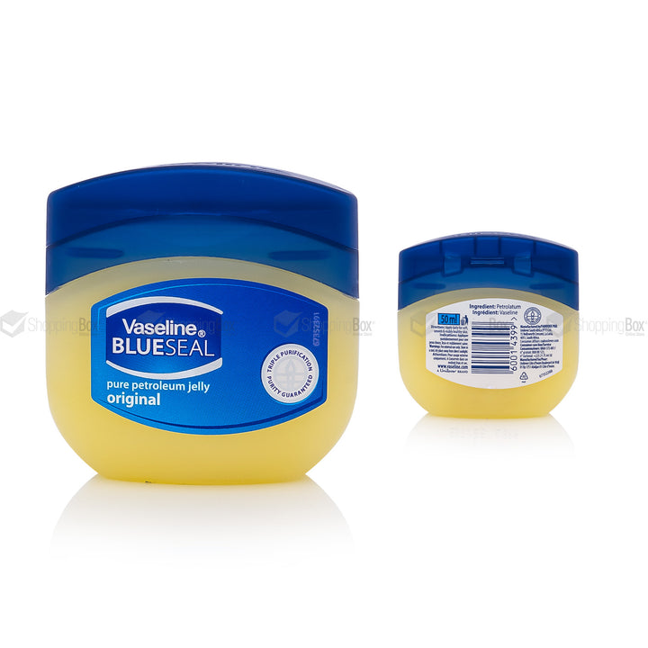 Front and back side view of Vaseline Blue Seal Original Petroleum Jelly 50ml jar with blue label