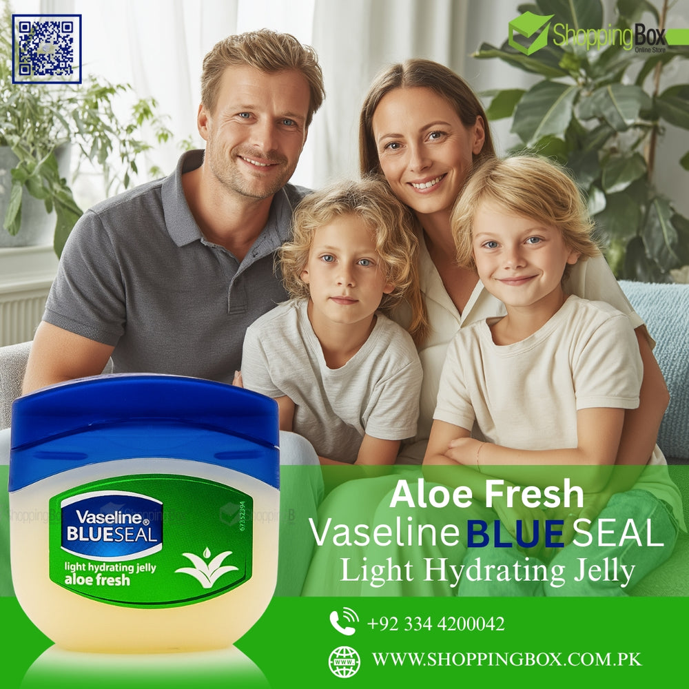 Family sitting together with a Vaseline Blue Seal Aloe Fresh jar in front of them, with promotional text and contact information, Poster for shopping box.