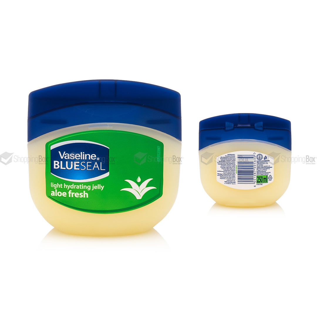Front and back view of Vaseline Blue Seal Aloe Fresh Jelly 250ml at Shopping Box.