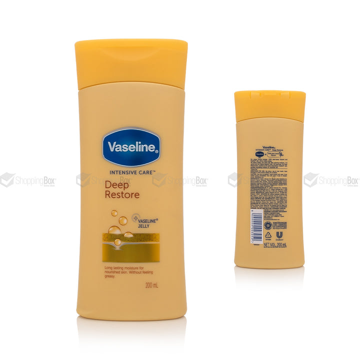 Vaseline Intensive Care Deep Restore lotion bottle front and back side view on a white background
