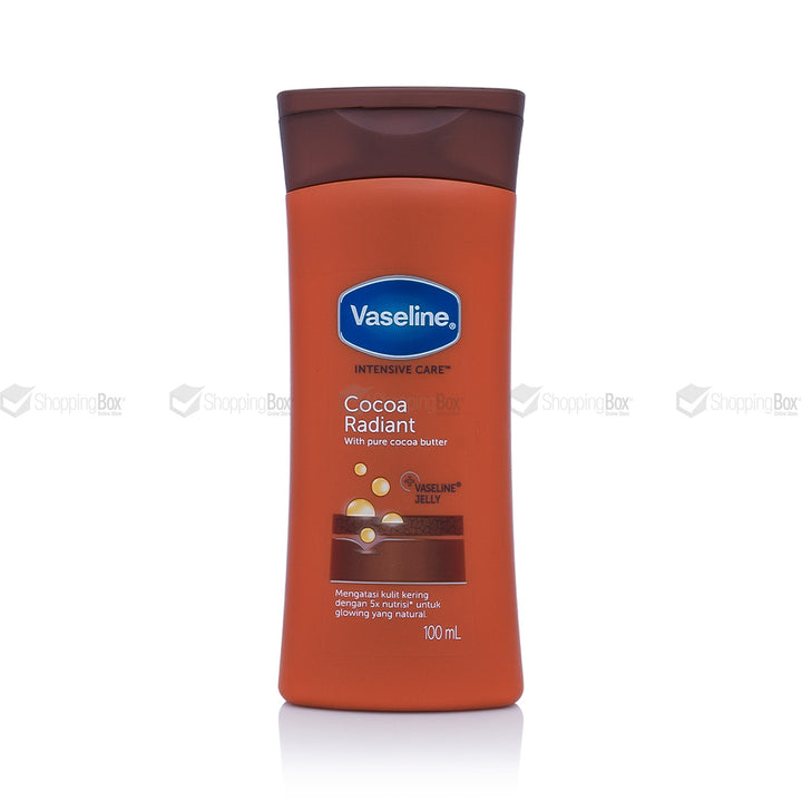 Front view of Vaseline Intensive Care Cocoa Radiant Lotion 100ml with cocoa-themed packaging.