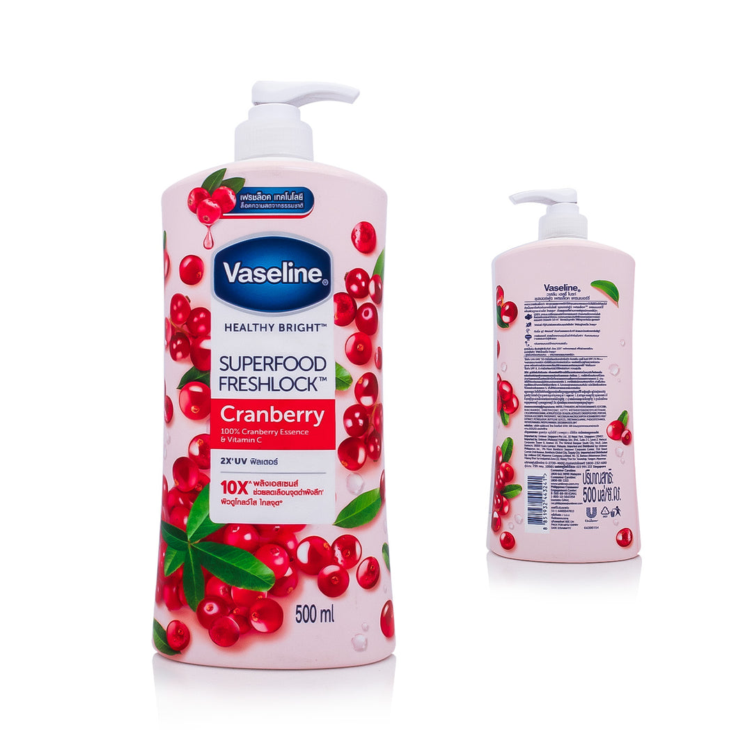 Two bottles of Vaseline Healthy Bright Superfood Freshlock Cranberry lotion on a white background