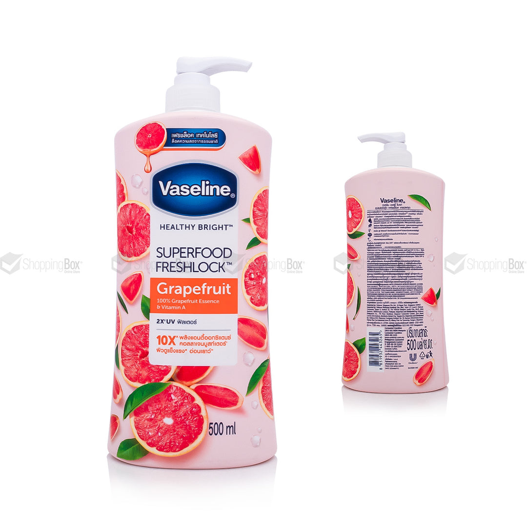 Front and back view of Vaseline Healthy Bright Grapefruit Body Lotion 500ml bottle
