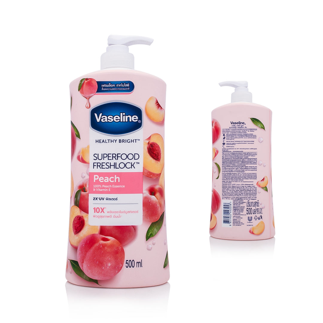 Front and back view of Vaseline Healthy Bright Peach Body Lotion 500ml bottle