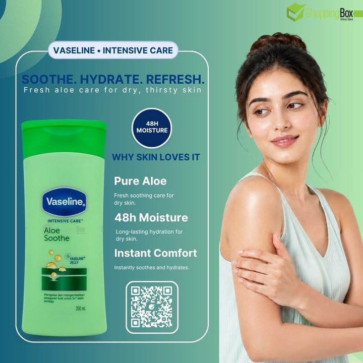 Vaseline Intensive Care Aloe Soothe bottle shown on the left, with marketing text and a woman on the right applying cream to her arm. The background is a soft green gradient with Vaseline branding and a Shopping Box logo.