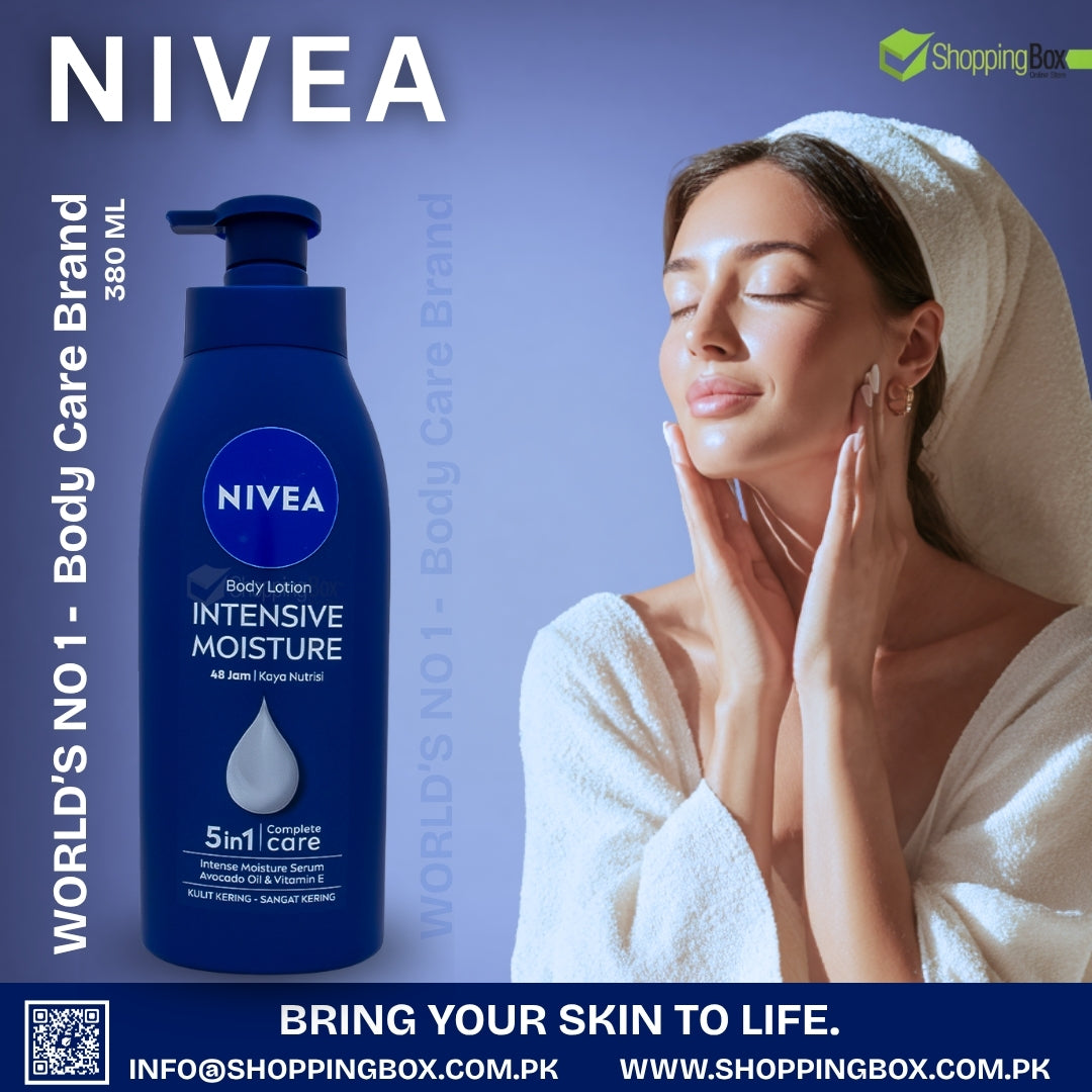 NIVEA intensive moisture body lotion with a woman applying lotion on her face against a blue background.