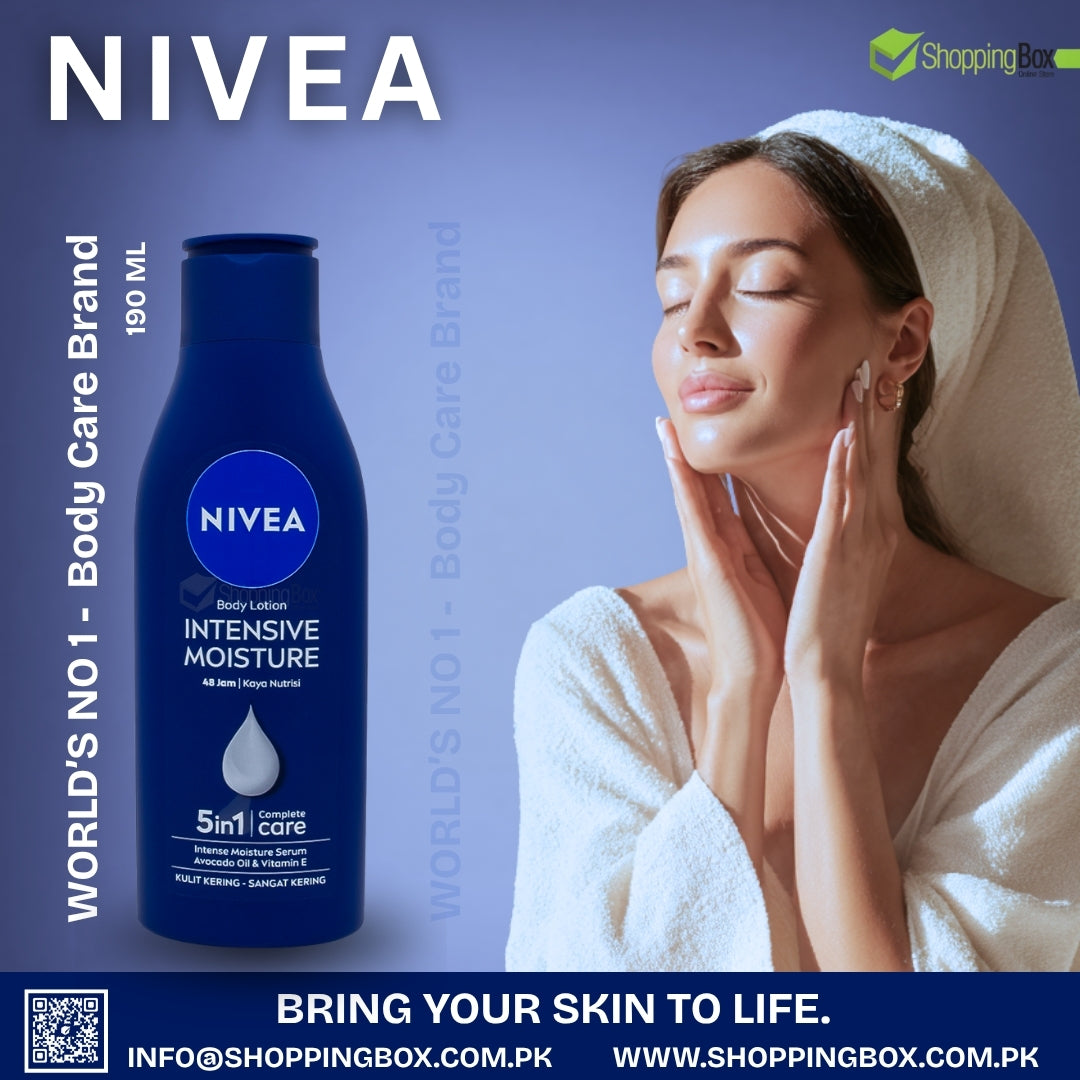 NIVEA Intensive Moisture body lotion with a woman applying lotion on her face against a blue background.