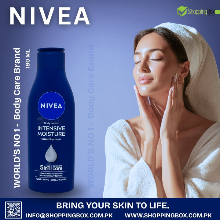 NIVEA Intensive Moisture body lotion with a woman applying lotion on her face against a blue background.