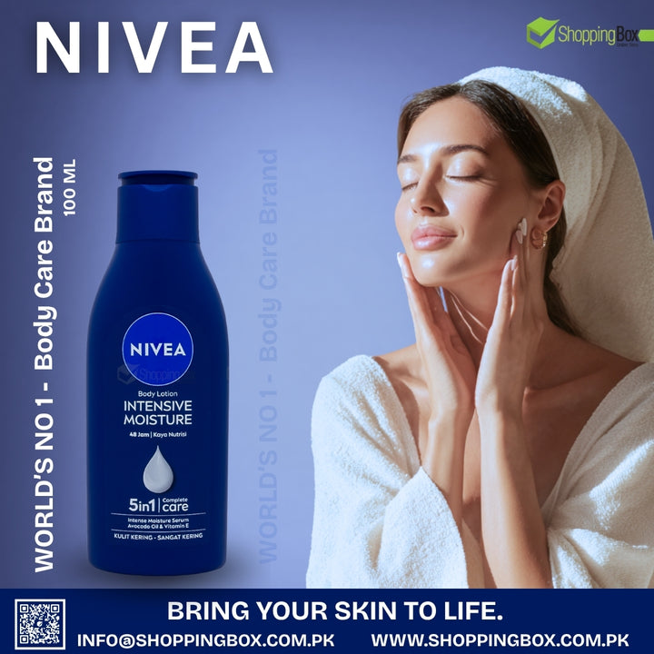 NIVEA body lotion bottle with a woman applying lotion, on a blue background.