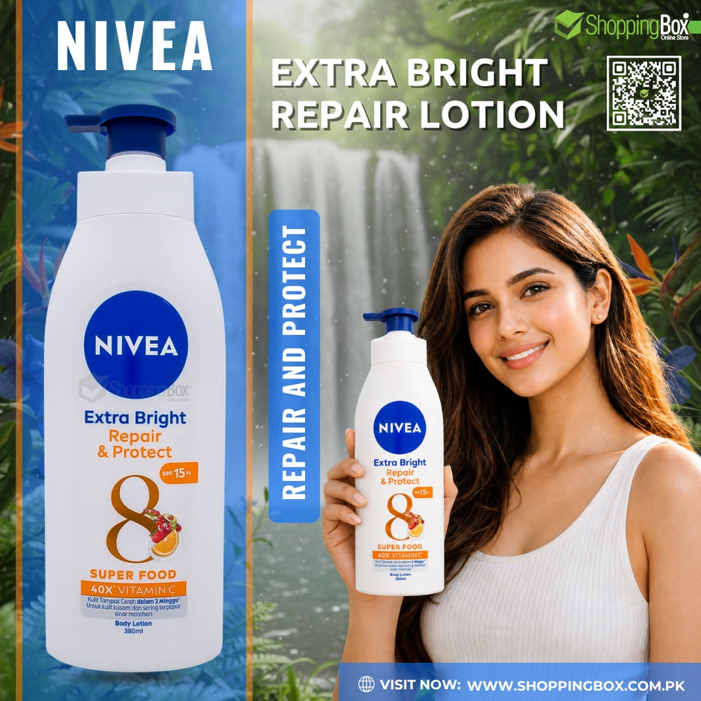 Nivea Extra Bright Repair Lotion bottle shown prominently on the left, with a woman holding a 400ml bottle on the right against a tropical waterfall background. Large text reads 'NIVEA' and 'EXTRA BRIGHT REPAIR LOTION,' with additional promotional text and a shopping box URL. www.shoppingbox.com.pk