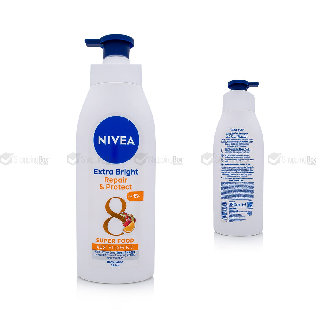 Nivea Extra Bright Repair & Protect Super Food Body Lotion 380ml pump bottle front packaging