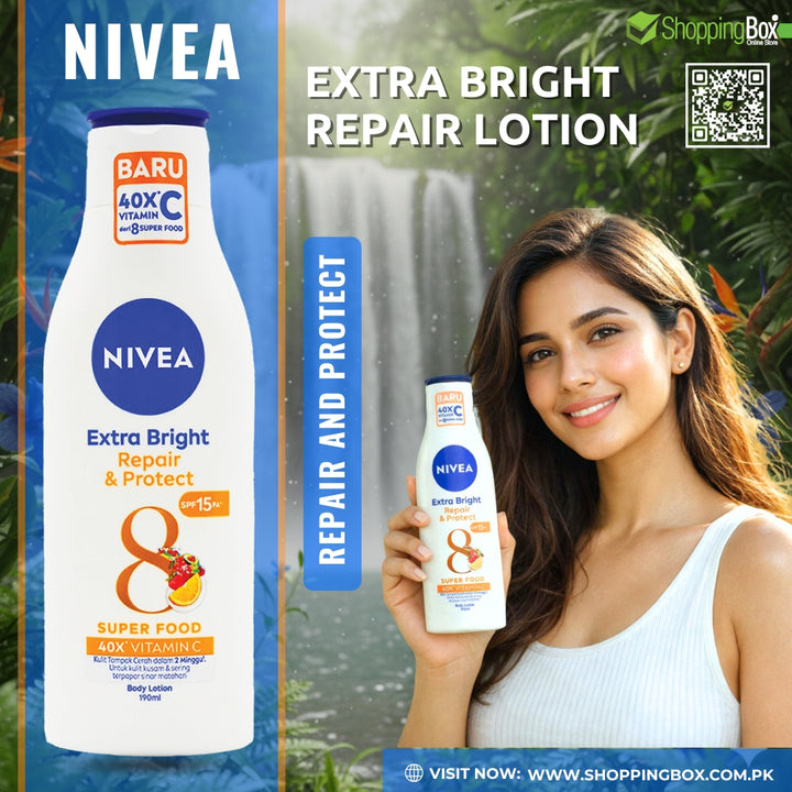 NIVEA Extra Bright Repair Lotion packaging with a woman holding the 190 ml lotion for shopping box poster