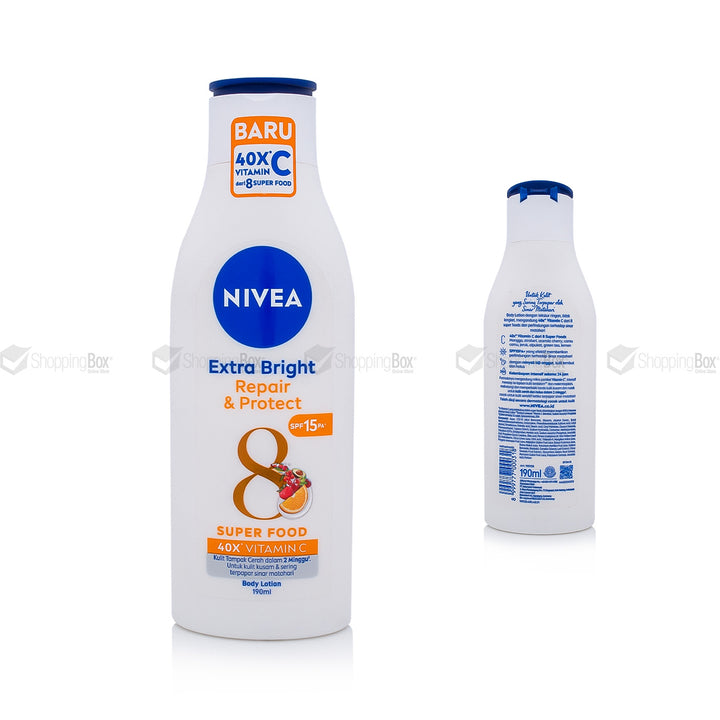 Nivea Extra Bright Repair & Protect Body Lotion 190ml front and back ingredients and directions background,
