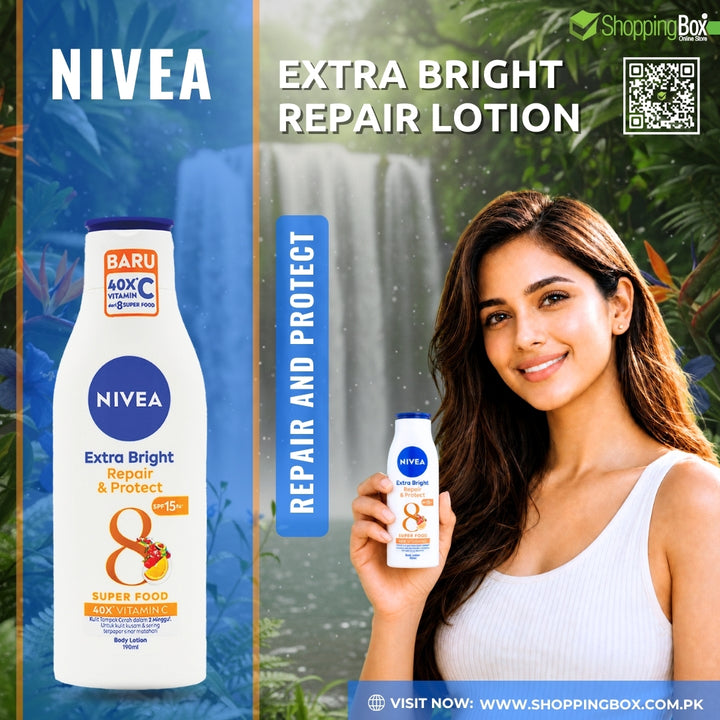 Nivea Extra Bright Repair Lotion SPF 8 bottle shown on the left, with a woman holding a smaller bottle 100ml on the right against a tropical waterfall background. Text reads 'EXTRA BRIGHT REPAIR LOTION' and 'REPAIR AND PROTECT'.