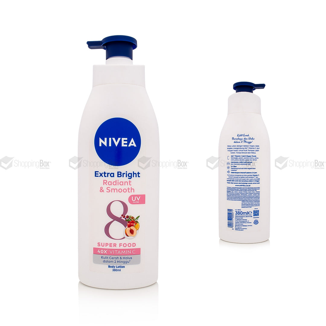 Nivea Extra Bright Radiant & Smooth Body Lotion 380ml pump bottle front and back packaging