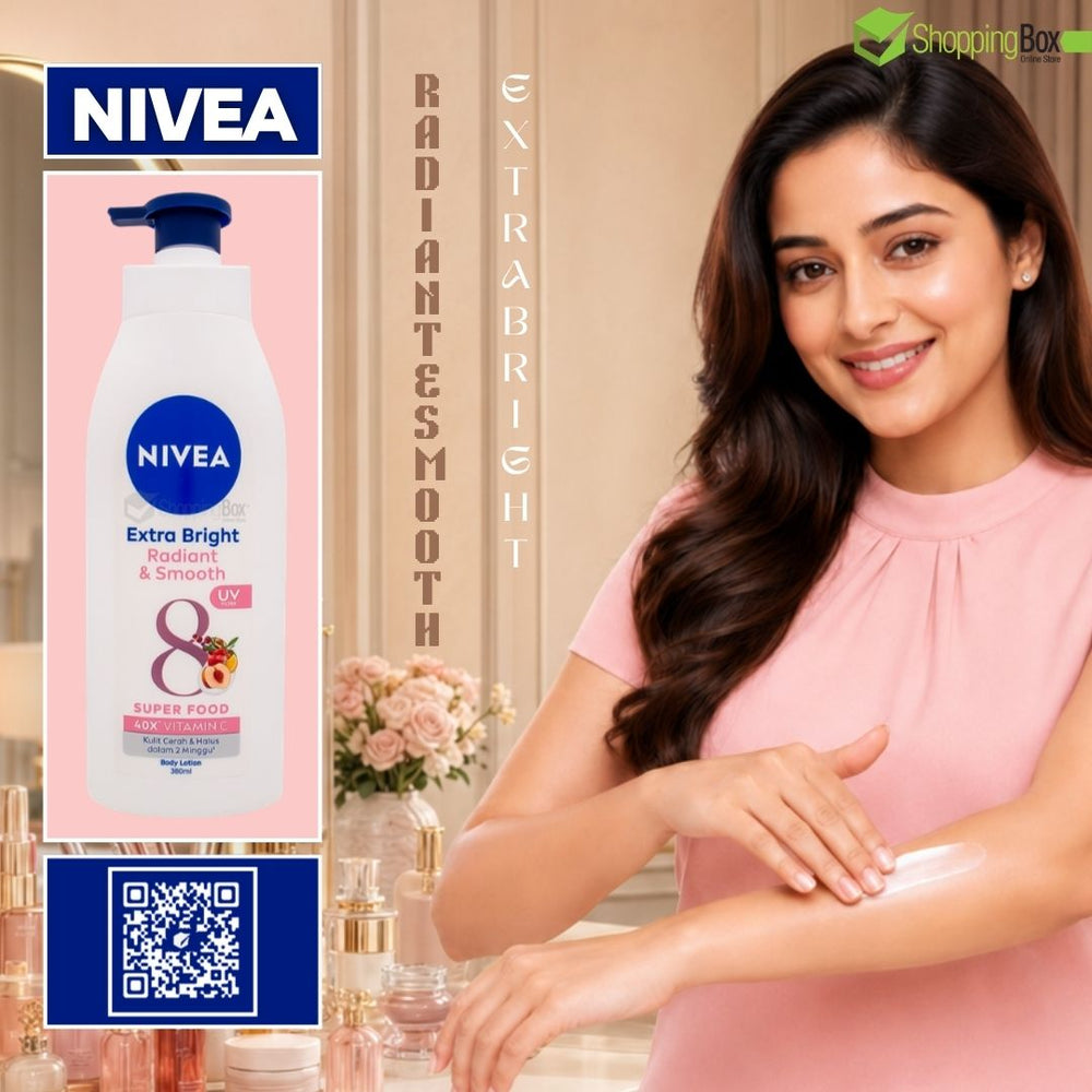 Nivea Extra Bright Radiant & Smooth Super Rich body lotion 380 ml bottle shown next to a woman applying the cream to her arm in a warm indoor setting.