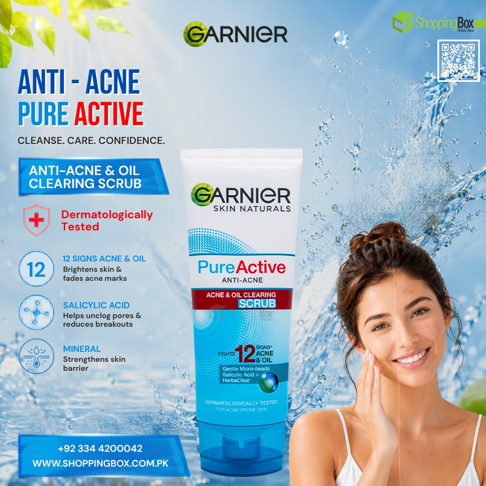 Garnier Pure Active Anti Acne Oil Clearing Scrub tube centered on a blue water splash background, with a smiling woman touching her face on the right and product callouts on the left.