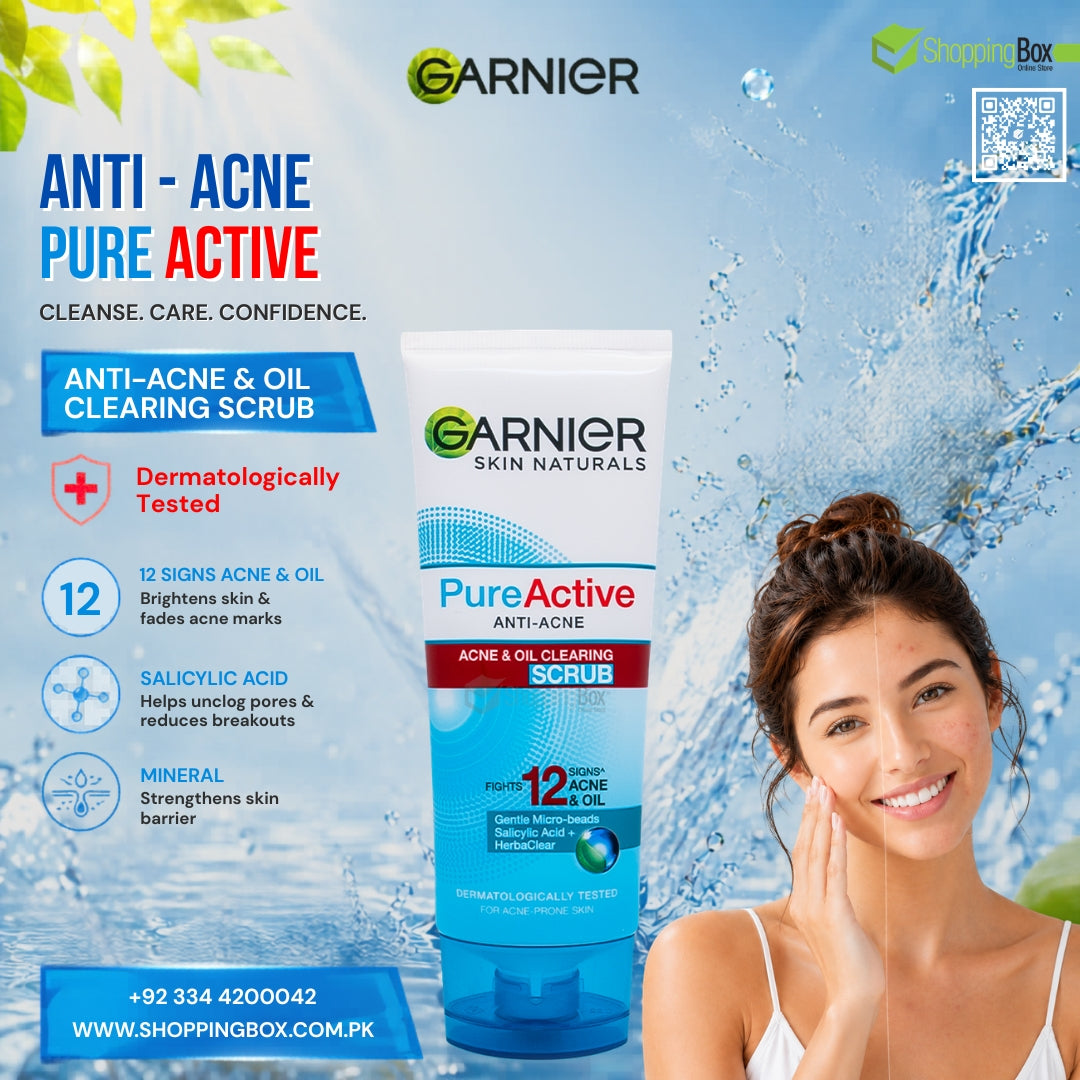Garnier Pure Active Anti Acne Oil Clearing Scrub tube centered on a blue water splash background, with a smiling woman touching her face on the right and product callouts on the left.