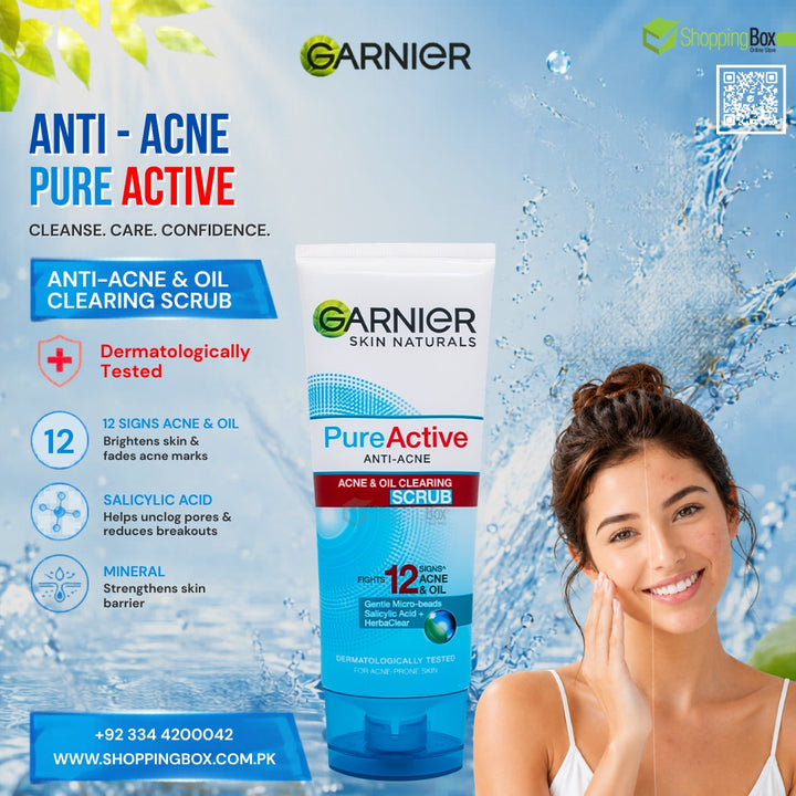 Garnier Pure Active Anti Acne Oil Clearing Scrub tube centered on a blue water splash background, with a smiling woman touching her face on the right and product callouts on the left.