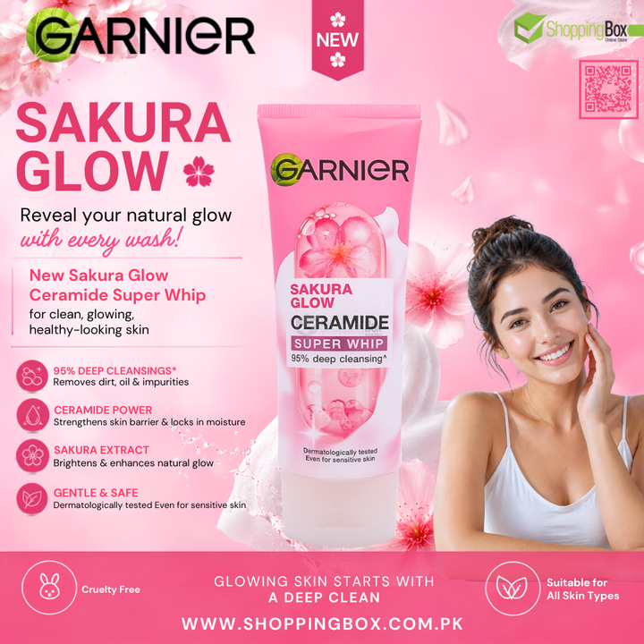 Garnier Sakura Glow Ceramide Super Whip product with a woman on a pink background