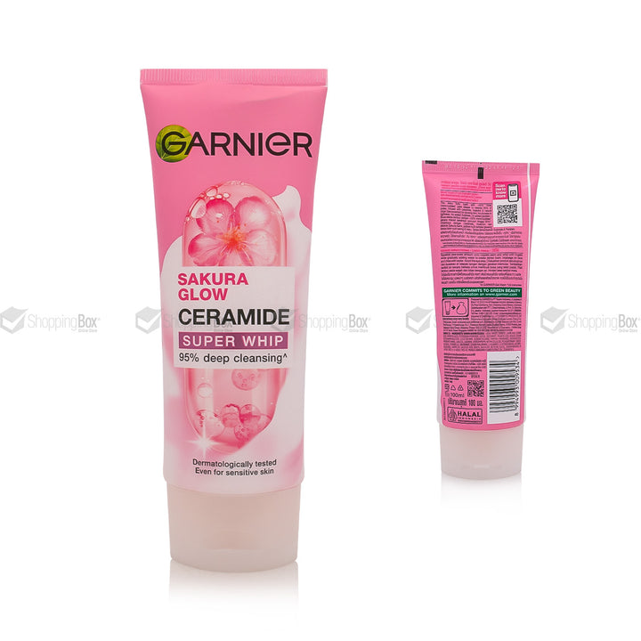 Garnier Sakura Glow Ceramide Super Whip tube on a white background