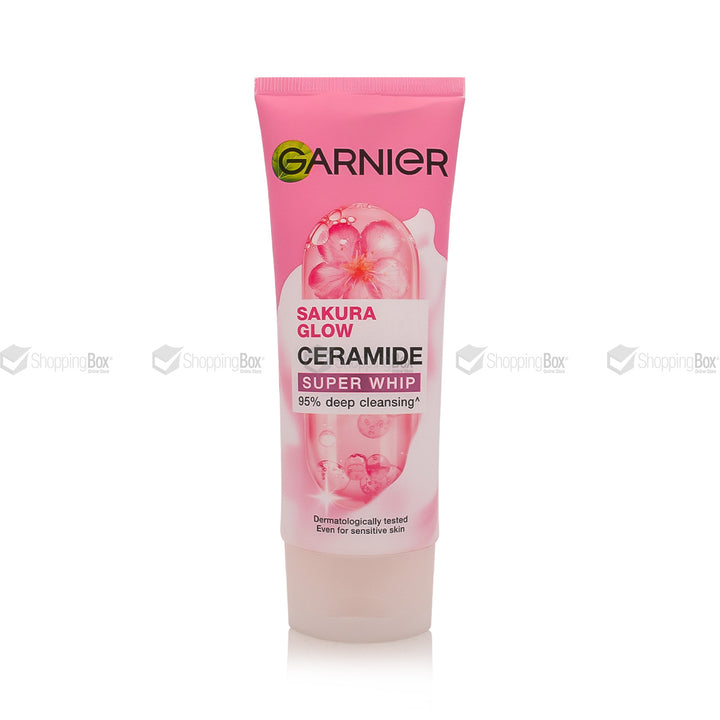Garnier Sakura Glow Ceramide Super Whip tube on a white background