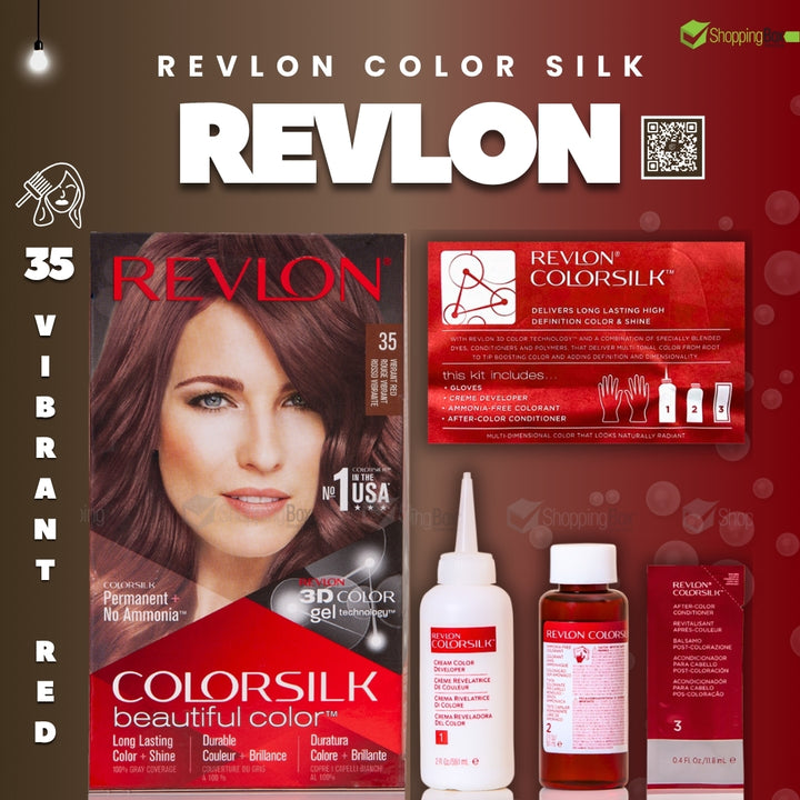 Revlon ColorSilk hair color packaging with a woman's face on a brown and red background
