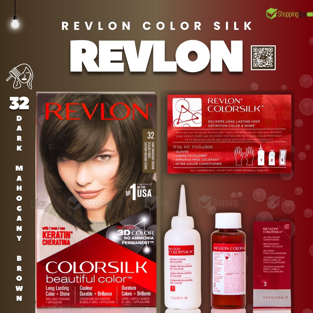 Revlon ColorSilk hair color packaging with product bottles on a red background