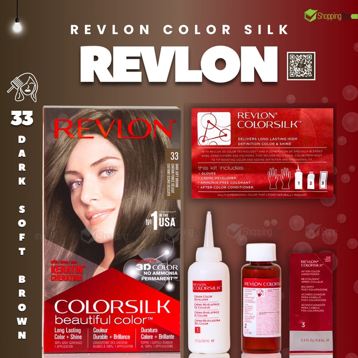 Revlon ColorSilk hair color packaging with product details on a red background