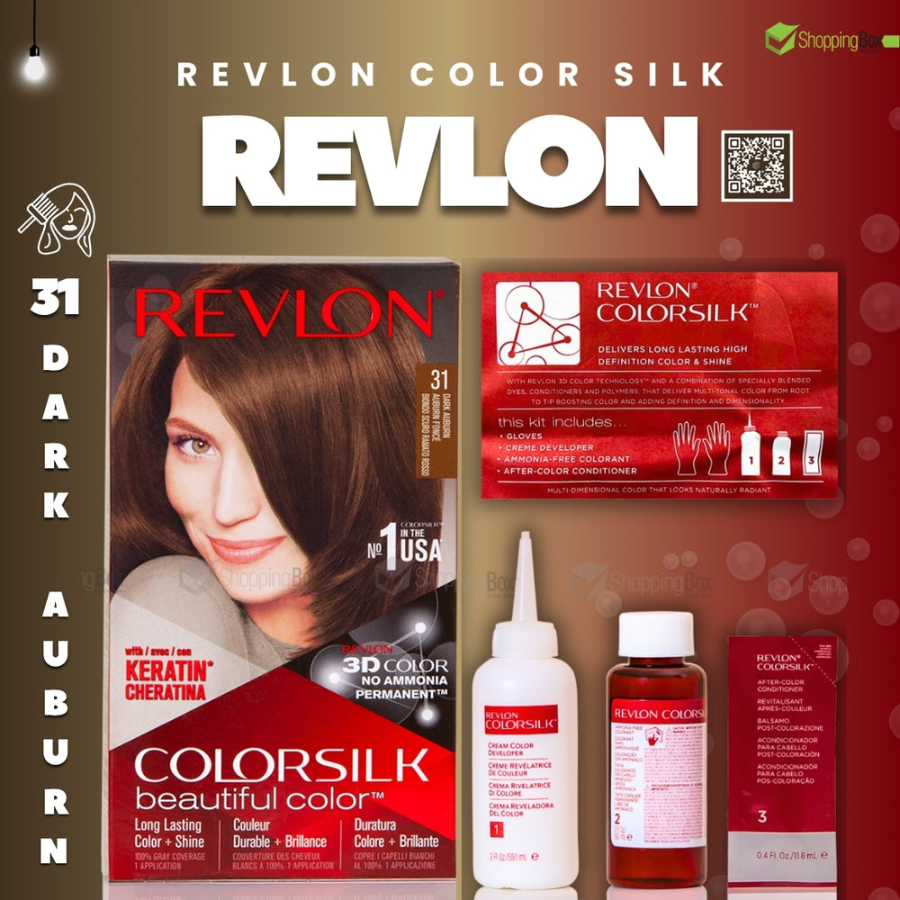 Revlon ColorSilk hair color kit with packaging and bottles on a red background