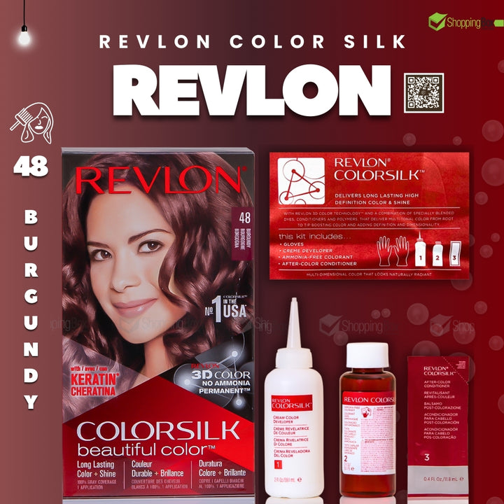 Complete kit of Revlon Colorsilk 48 Burgundy including developer, color cream, and conditioner.