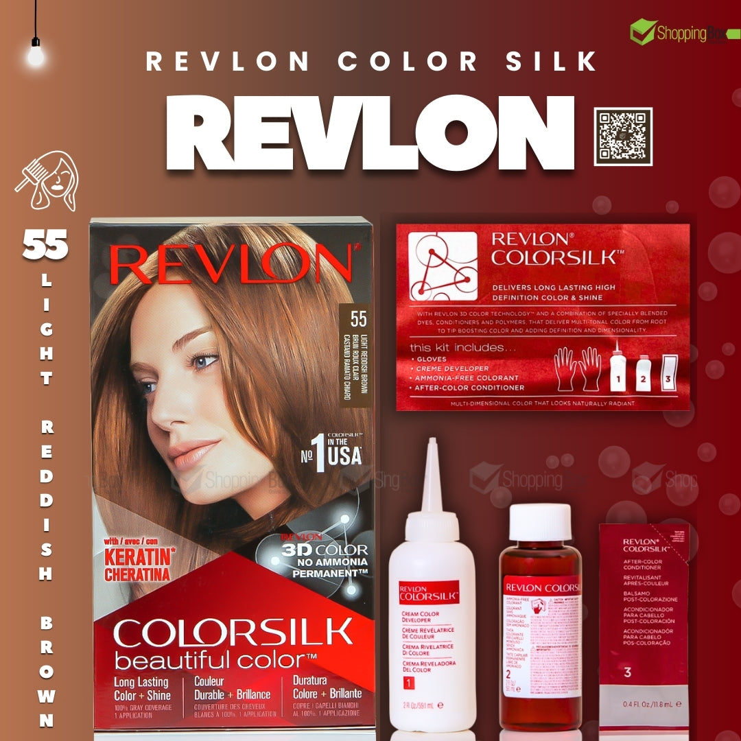 Revlon ColorSilk hair color packaging and products on a red background