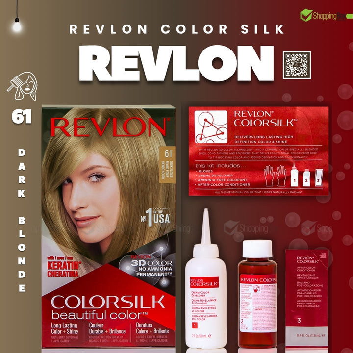 Revlon ColorSilk hair color packaging and products on a red background