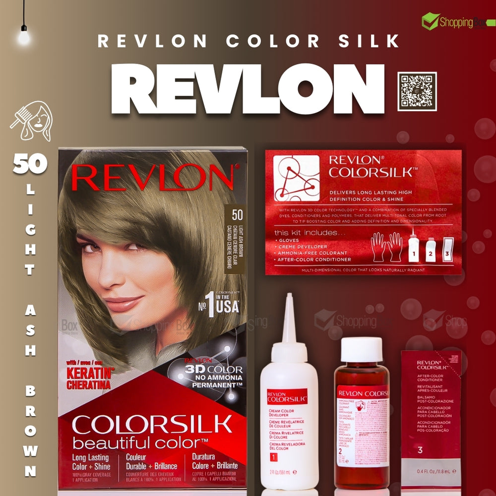 Complete kit of Revlon Colorsilk 50 Light Ash Brown including colorant, developer, and conditioner available at Shopping Box.