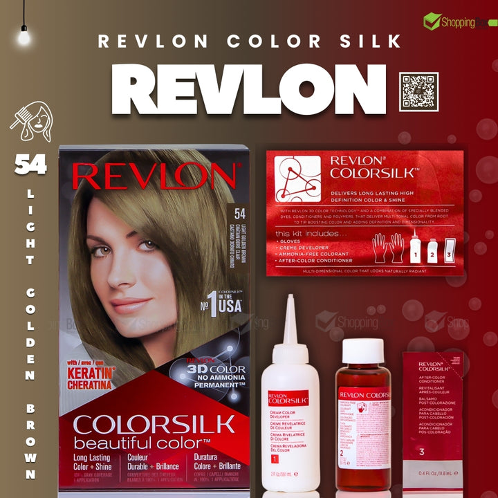 Revlon ColorSilk hair color packaging and products on a red and brown background