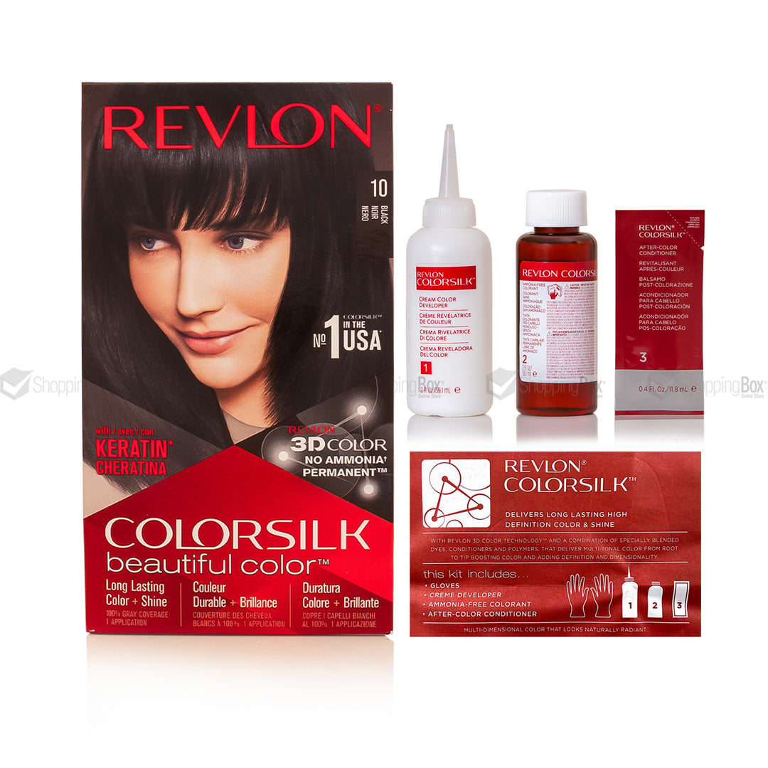 Revlon Colorsilk hair color 10, kit with packaging and bottles on a white background