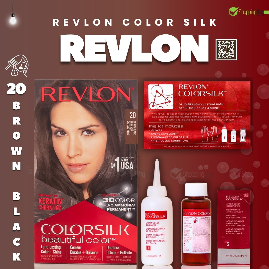 Revlon Color Silk Beautiful Color Brown Black hair dye box with Module For Adverting to This Color for Shopping Box.